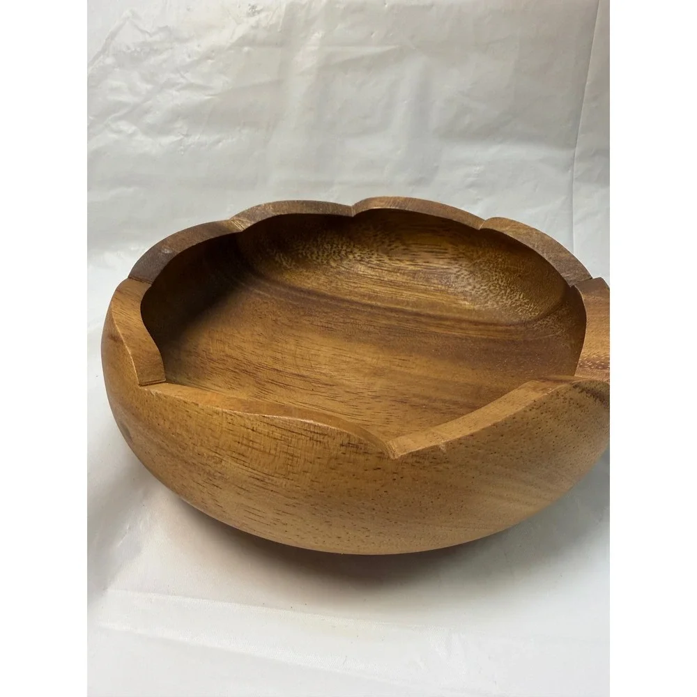 Vintage Acacia Wood Scalloped Flower Petal Serving Bowls Set of 4 Brown 6 Inch
